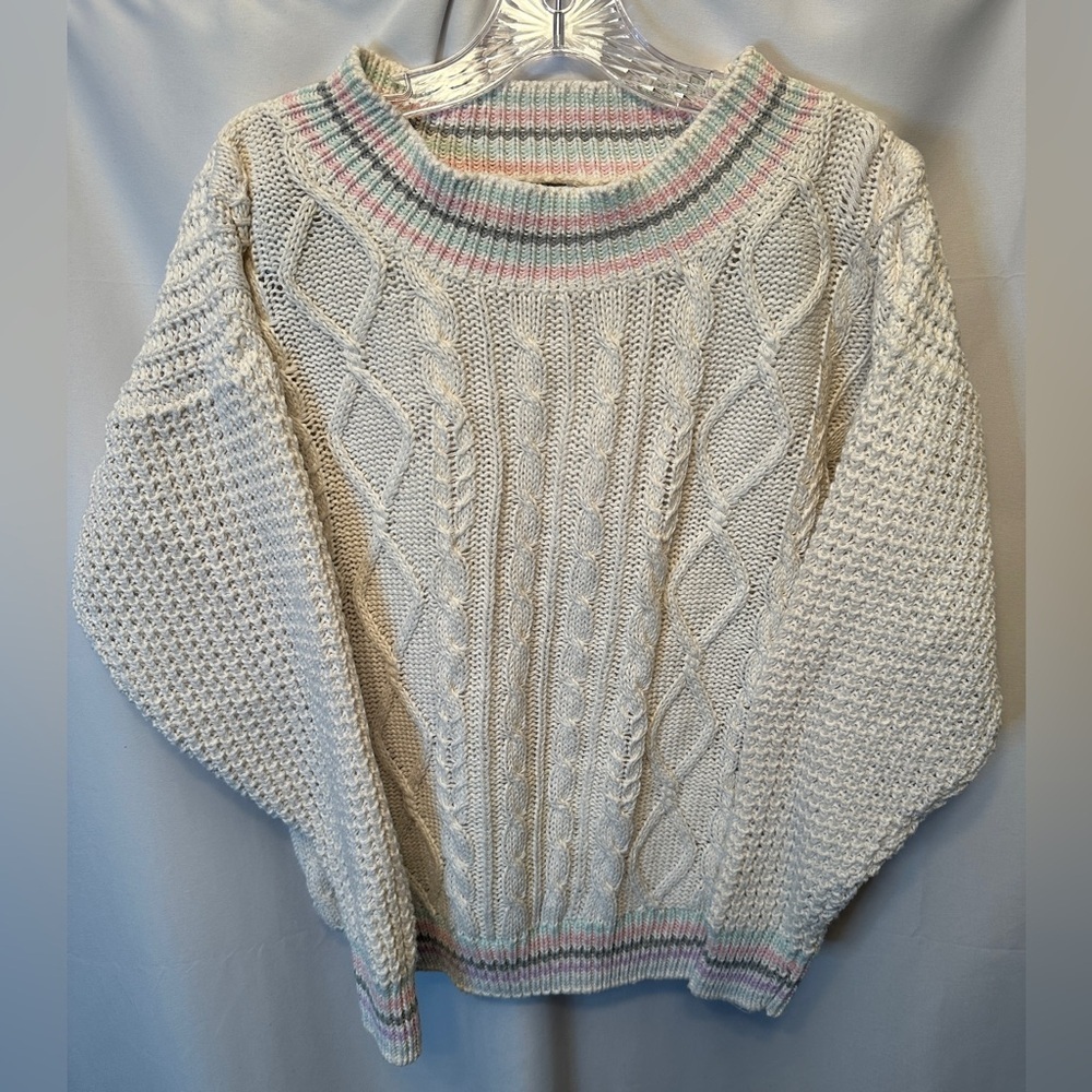 Vintage Paris Sport Club Size 6 Women’s Cable Knit Sweater‎ Cream White Stripes